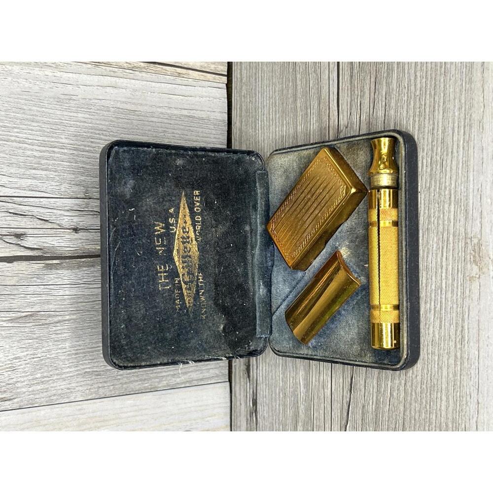 Vintage Gillette New Safety Razor Set - Gold - Collectible Shaving Kit